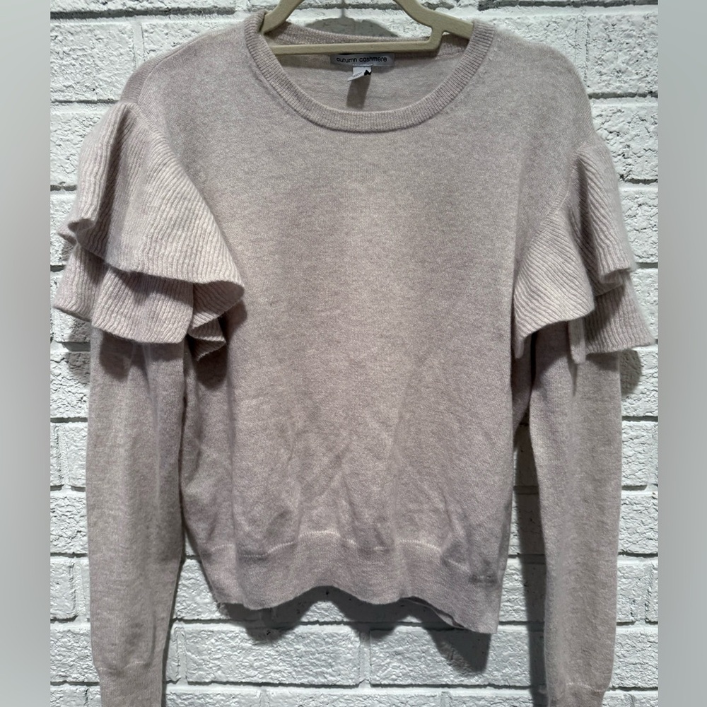 Autumn Cashmere Ruffled Sleeve Sweater in Light Beige